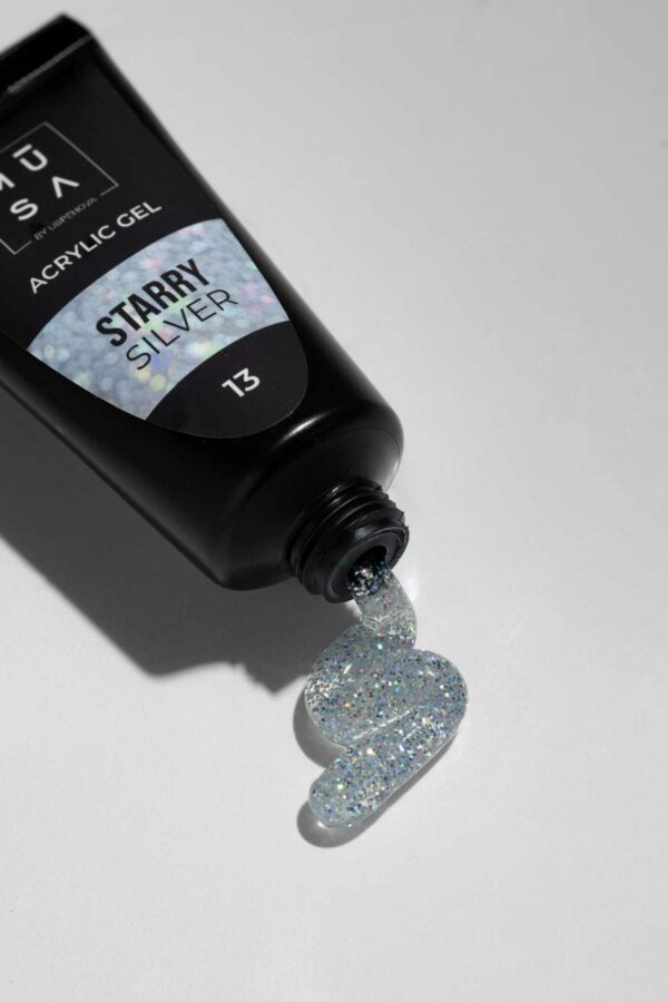 Photo de l'acrygel starry silver 13 en pot ouvert afin de voir les paillettes.