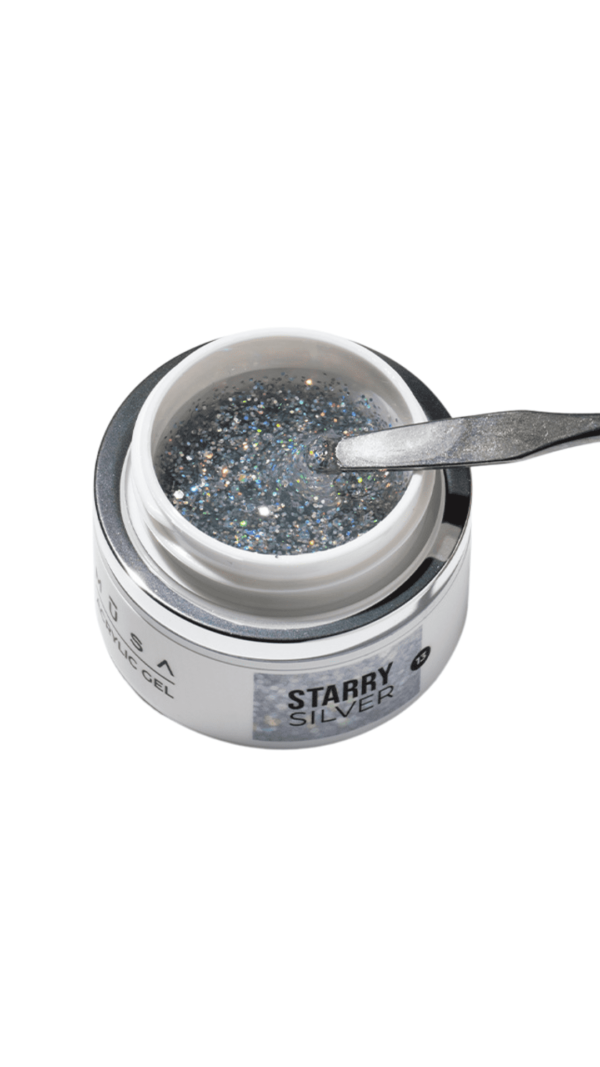 Photo de l'acrygel starry silver 13 en pot ouvert afin de voir les paillettes.