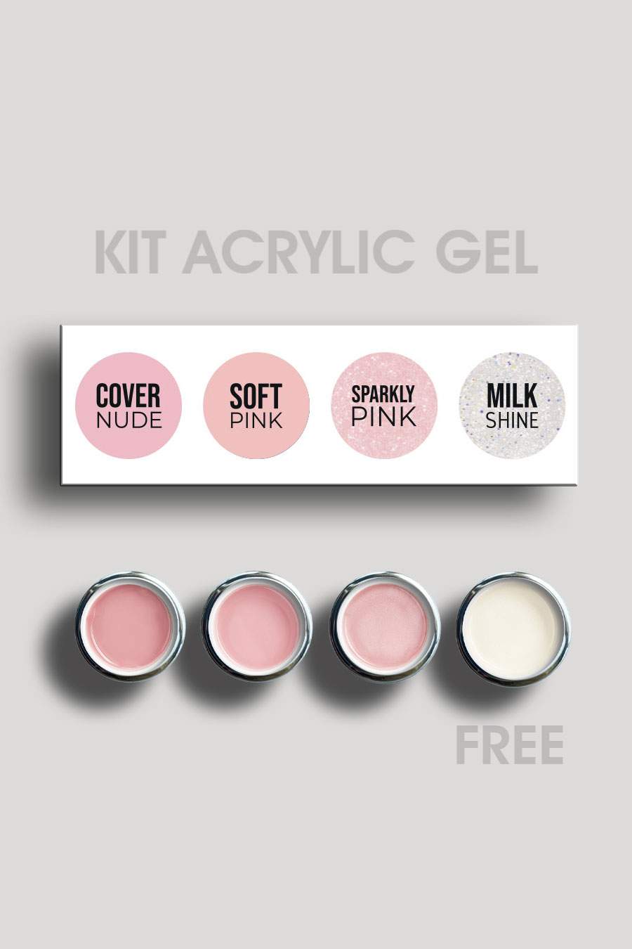 Photo du kit acrygel de 5 ml cover nude, soft pink, sparkly pink et milk shine.