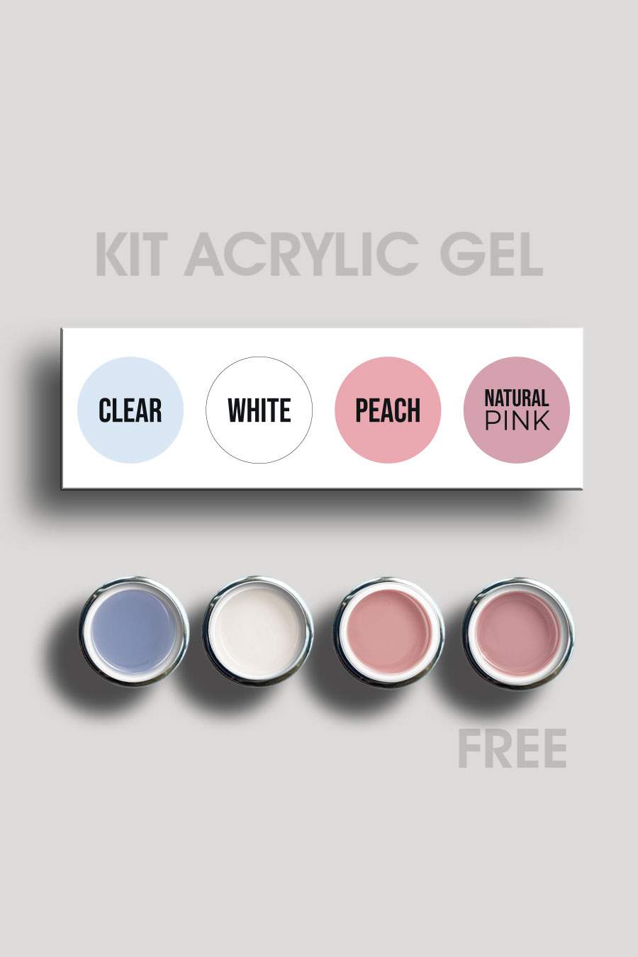 Photo du kit acrygel de 5 ml clear, white, peach et natural pink.