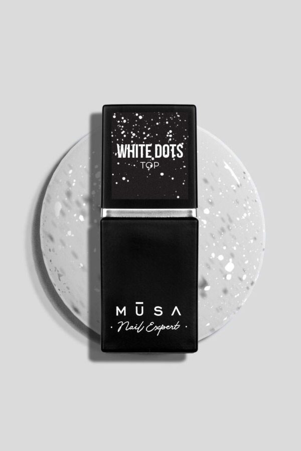 Photo du top coat white dots, parfait pour appliquer sur des nuances de couleurs foncées.